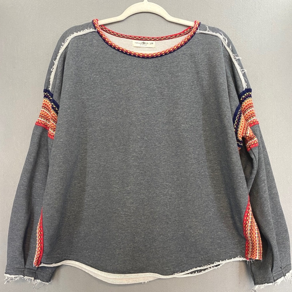 Natural Life Gray Woven Trim Raw Edge Boho Sweatshirt Sweater S/M